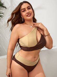 Plus Size Màu Khối Vòng Liên Kết Một Vai Bộ Bikini Đi Biển Mùa Hè - Nhiều màu - Xem 5