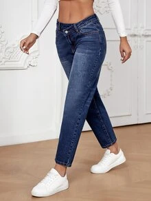 SHEIN Essnce 階梯式腰牛仔褲 - 深色水洗藍 - 查看 4