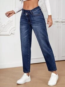 SHEIN Essnce 階梯式腰牛仔褲 - 深色水洗藍 - 查看 3