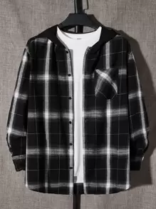 Manfinity RebelGame Men Plus Cotton Plaid Print Hooded Shirt Without Tee - Black - View 1