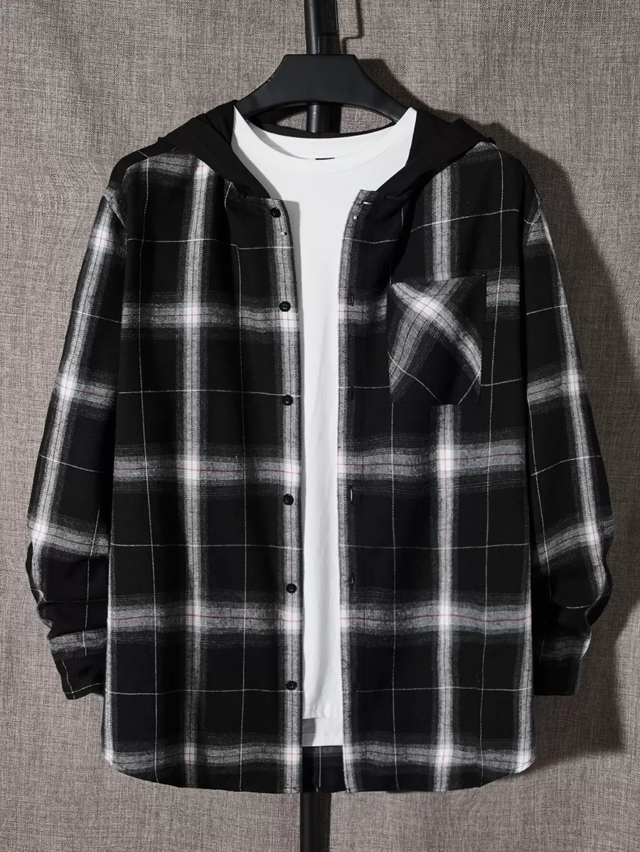 Manfinity RebelGame Men Plus Cotton Plaid Print Hooded Shirt Without Tee - Black - View 1