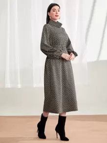 Seusyu Váy nỉ thắt lưng tay đèn lồng in họa tiết toàn thân - màu đen - Xem 3