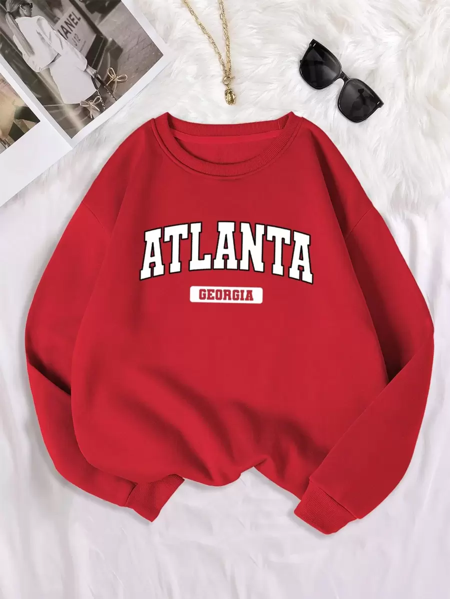 SHEIN EZwear 字母圖案加絨內裏運動衫 - 紅色 - 查看 1