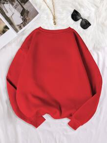 SHEIN EZwear 字母圖案加絨內裏運動衫 - 紅色 - 查看 2