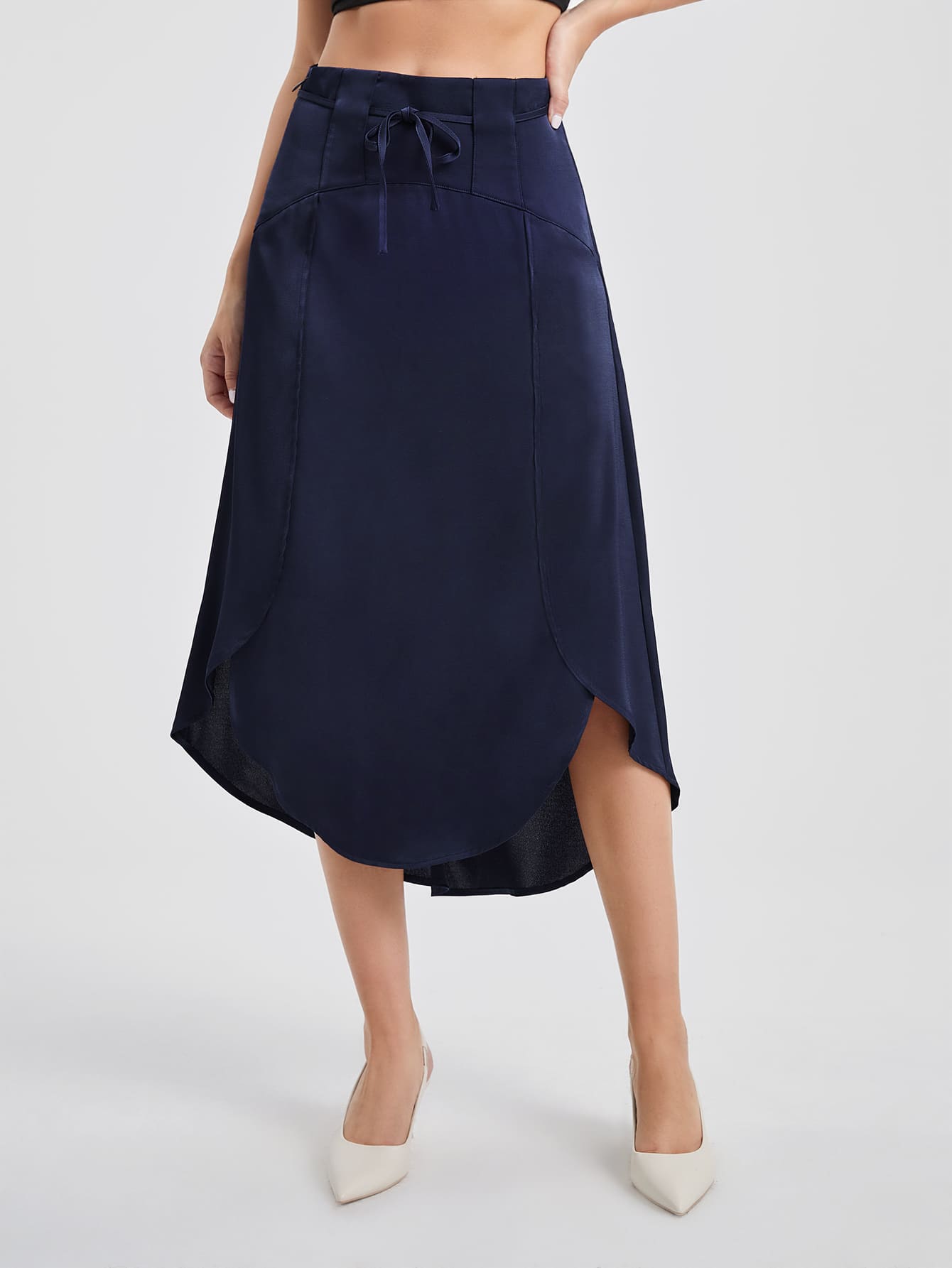 Michelle Wong High Waist Belted Asymmetrical Hem Skirt - Navy Blue - View 1