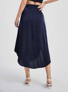 Michelle Wong High Waist Belted Asymmetrical Hem Skirt - Navy Blue - View 2