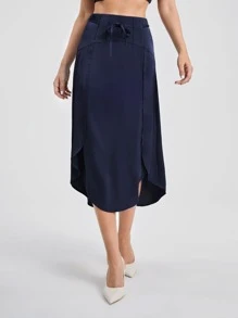 Michelle Wong High Waist Belted Asymmetrical Hem Skirt - Navy Blue - View 6