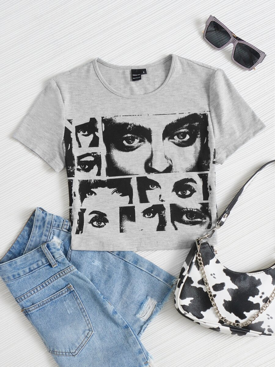 SHEIN ICON 90s Figure Graphic Crop T-shirt - Light Grey - View 1