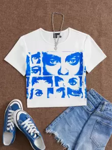 SHEIN EZwear 90年代人像圖案短款T恤 - 藍色 - 查看 1