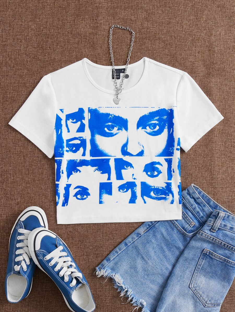 SHEIN EZwear 90年代人像圖案短款T恤 - 藍色 - 查看 1
