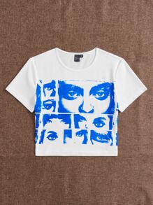 SHEIN EZwear 90年代人像圖案短款T恤 - 藍色 - 查看 4