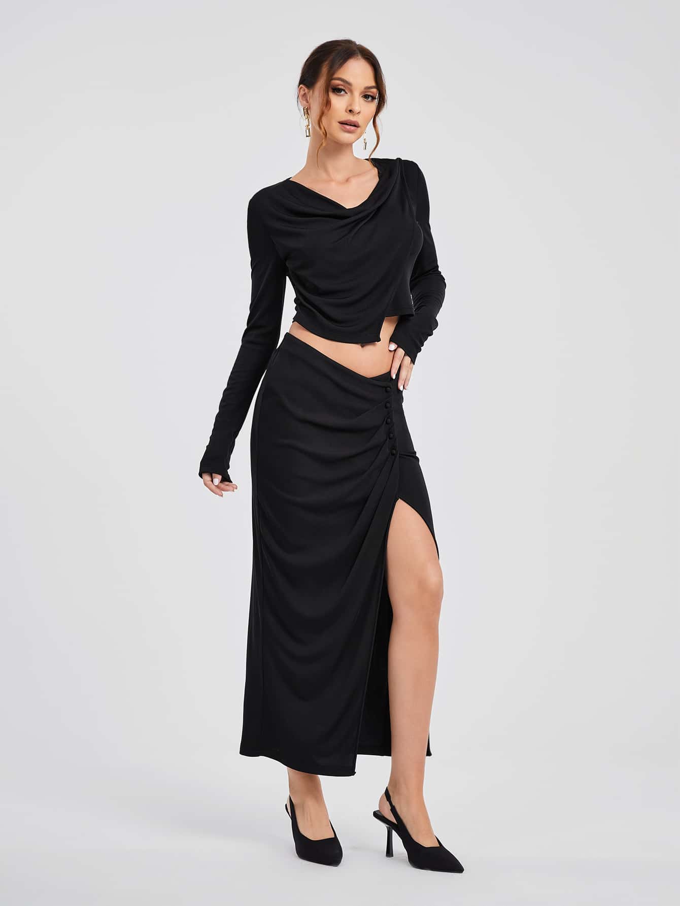 Michelle Wong Designer Draped Collar Crop Top & Split Thigh Skirt, Fall