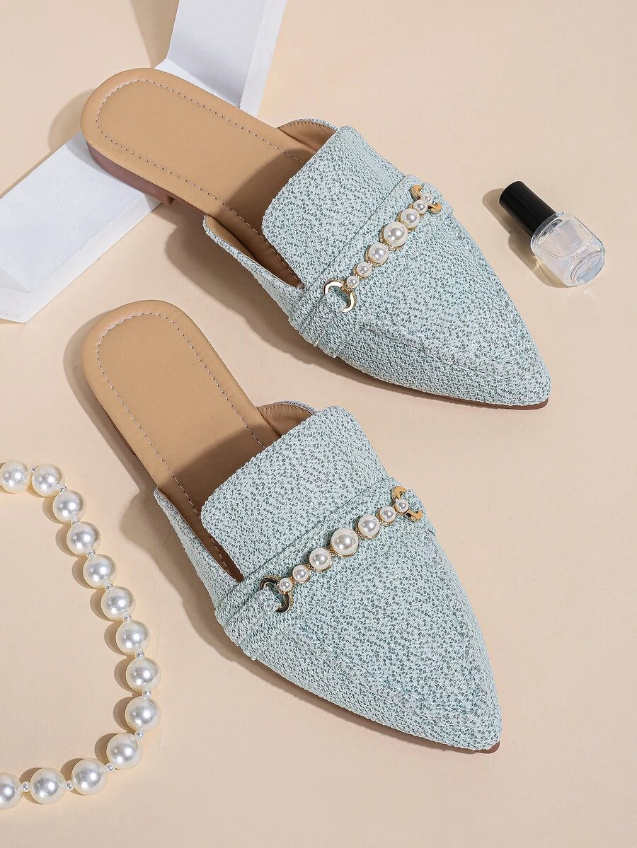 Faux Pearl Decor Point Toe Flat Mules - Blue - View 1
