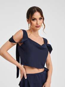 Michelle Wong Top crop de hombros descubiertos con fruncido delantero - Azul Marino - Ver 4