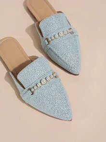 Faux Pearl Decor Point Toe Flat Mules - Blue - View 4