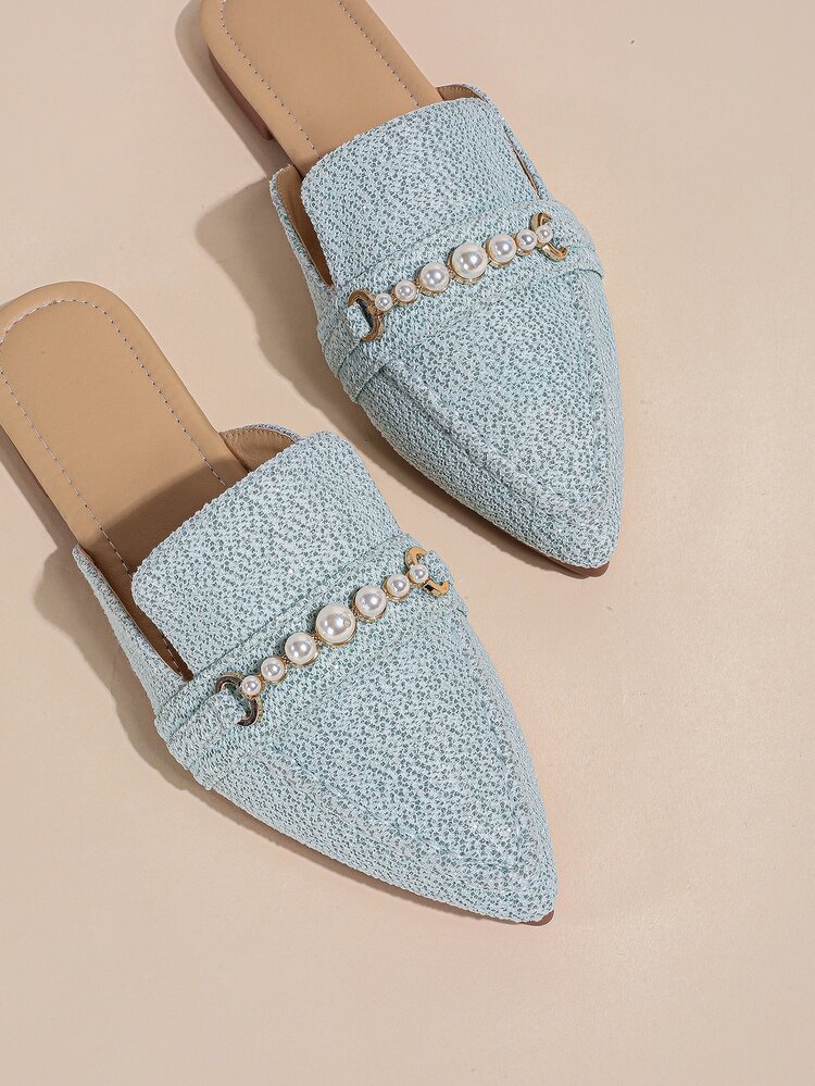Faux Pearl Decor Point Toe Flat Mules - Blue - View 4