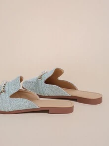 Faux Pearl Decor Point Toe Flat Mules - Blue - View 5