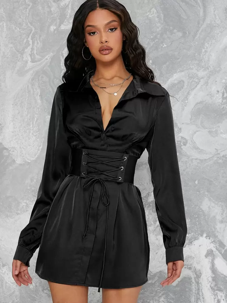 Hauture Corset Lace Up Waist Satin Shirt Dress - Black - View 1