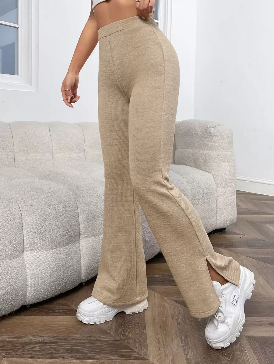 SHEIN EZwear 春季卡其色高腰开叉喇叭腿针织裤 - 卡其色 - 查看 1