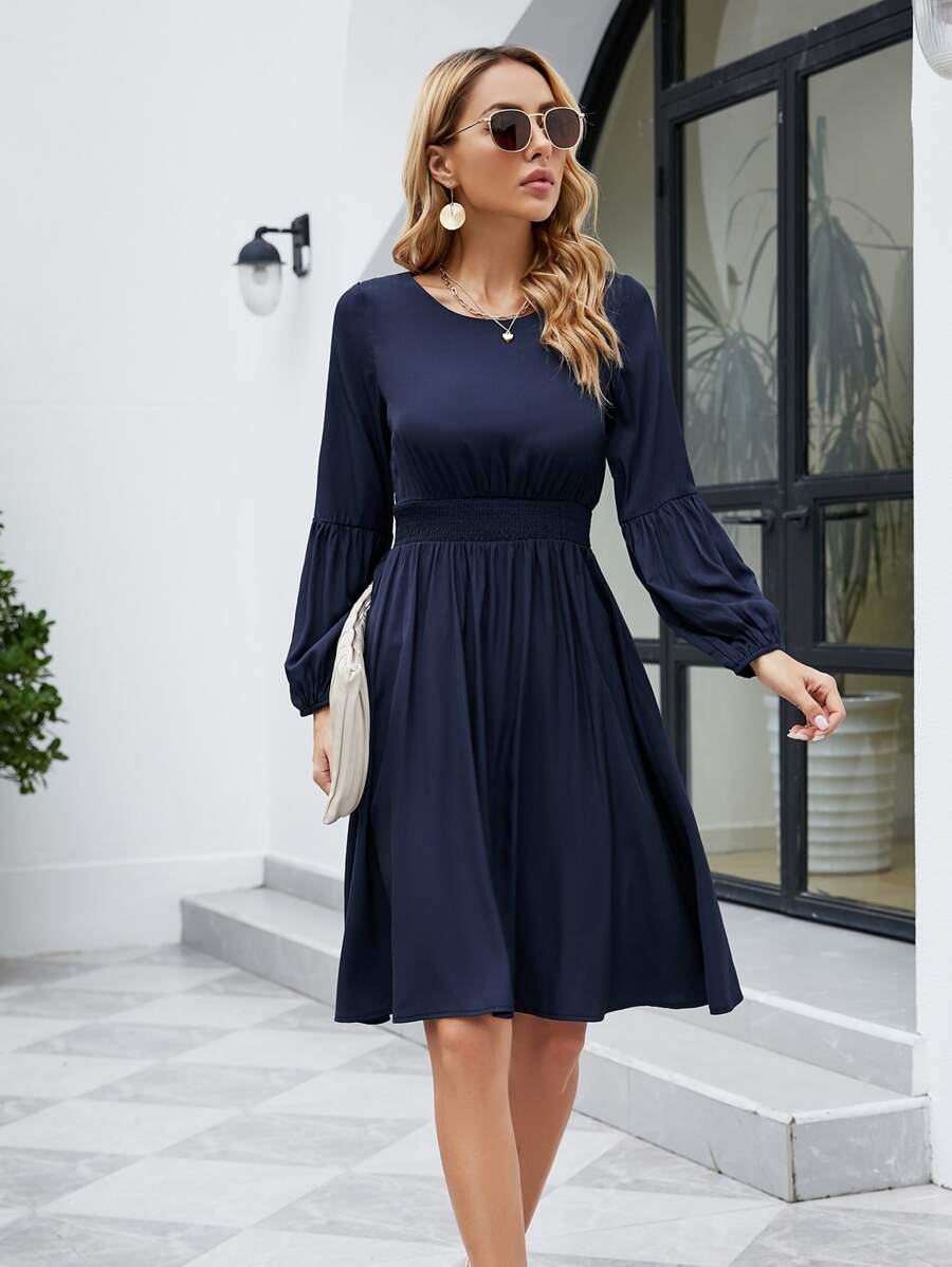 Solid Bishop Sleeve A-line Dress - Navy Blue - View 1