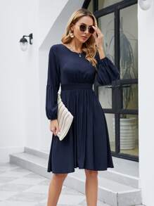 Solid Bishop Sleeve A-line Dress - Navy Blue - View 5