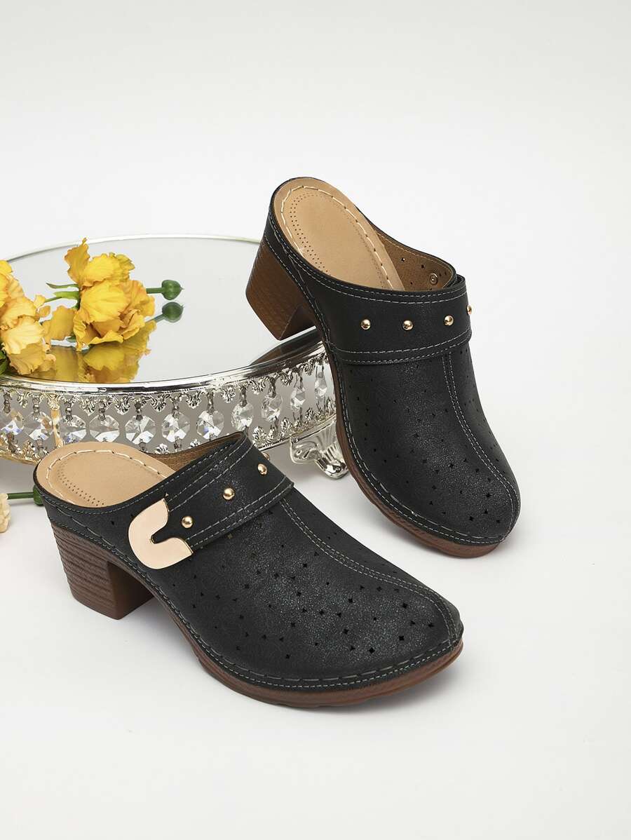 Studded Decor Chunky Heeled Mule Pumps - Black - View 1