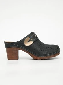 Studded Decor Chunky Heeled Mule Pumps - Black - View 2