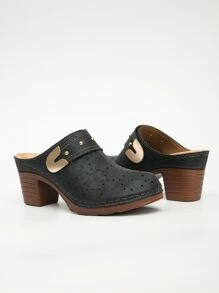 Studded Decor Chunky Heeled Mule Pumps - Black - View 3