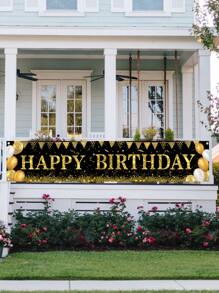 1入組黑金氣球風格生日聚酯橫幅，帶有“生日快樂”，照相亭背景布完美裝飾生日成人儀式派對，戶外圍欄裝飾，男孩和女孩生日家庭度假派對房間牆壁裝飾用品