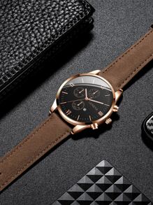 1 件男士三表盘日期石英表和 3 件手链，作为返校学生的礼物 - 棕色 - 查看 6