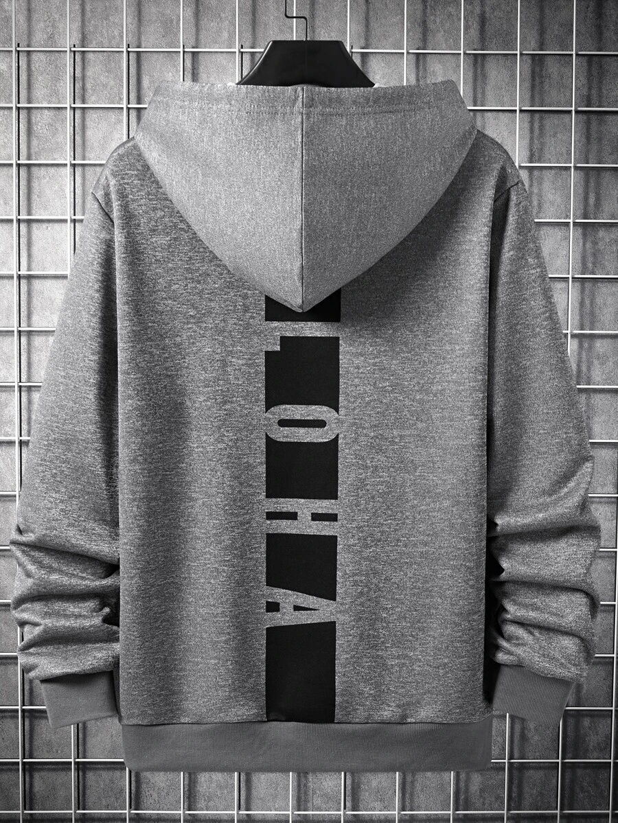 Manfinity Homme Men Letter Graphic Kangaroo Pocket Drawstring Hoodie - Dark Grey - View 1