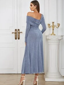 不對稱領側收褶百褶下擺連衣裙 - 霧霾藍 - 查看 2