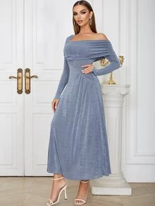 不對稱領側收褶百褶下擺連衣裙 - 霧霾藍 - 查看 3