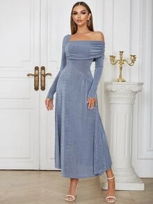 不對稱領側收褶百褶下擺連衣裙 - 霧霾藍 - 查看 4