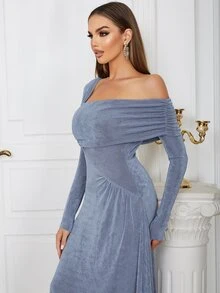 不對稱領側收褶百褶下擺連衣裙 - 霧霾藍 - 查看 7