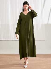 Al Najma Top-stitching V Neck Tunic Dress - Army Green - View 1