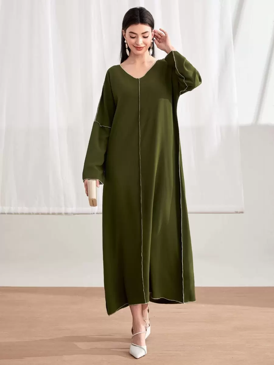 Al Najma Top-stitching V Neck Tunic Dress - Army Green - View 1