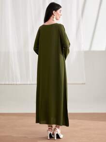 Al Najma Top-stitching V Neck Tunic Dress - Army Green - View 2