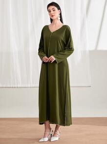 Al Najma Top-stitching V Neck Tunic Dress - Army Green - View 3