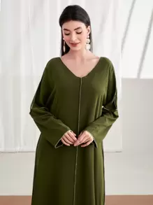 Al Najma Top-stitching V Neck Tunic Dress - Army Green - View 4