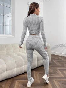 Muchica Mock Neck Crisscross Hem Crop Tee & Leggings - Light Grey - View 2