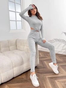 Muchica Mock Neck Crisscross Hem Crop Tee & Leggings - Light Grey - View 4