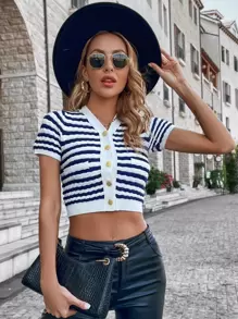 條紋圖案前紐扣短款開衫 - 藍白色 - 查看 1