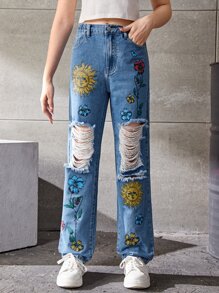 Chicas adolescentes Jeans de pierna recta con estampado de sol y luna desgarro - Azul lavado medio - Ver 1