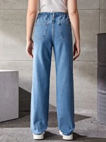 Chicas adolescentes Jeans de pierna recta con estampado de sol y luna desgarro - Azul lavado medio - Ver 2