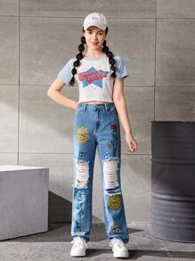 Chicas adolescentes Jeans de pierna recta con estampado de sol y luna desgarro - Azul lavado medio - Ver 3