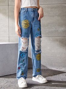 Chicas adolescentes Jeans de pierna recta con estampado de sol y luna desgarro - Azul lavado medio - Ver 4