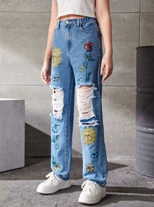 Chicas adolescentes Jeans de pierna recta con estampado de sol y luna desgarro - Azul lavado medio - Ver 5