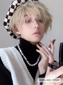 alicegarden 1 pieza de pelo sintético corto y rizado resistente al calor, 10 pulgadas de largo, hecho de fibra, adecuado para uso diario, pelucas sintéticas falsas naturales y realistas. - Dorado - Ver 4