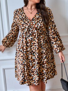 SHEIN Frenchy Plus Allover Print Lantern Sleeve Knot Front Dress - Multicolor - View 7